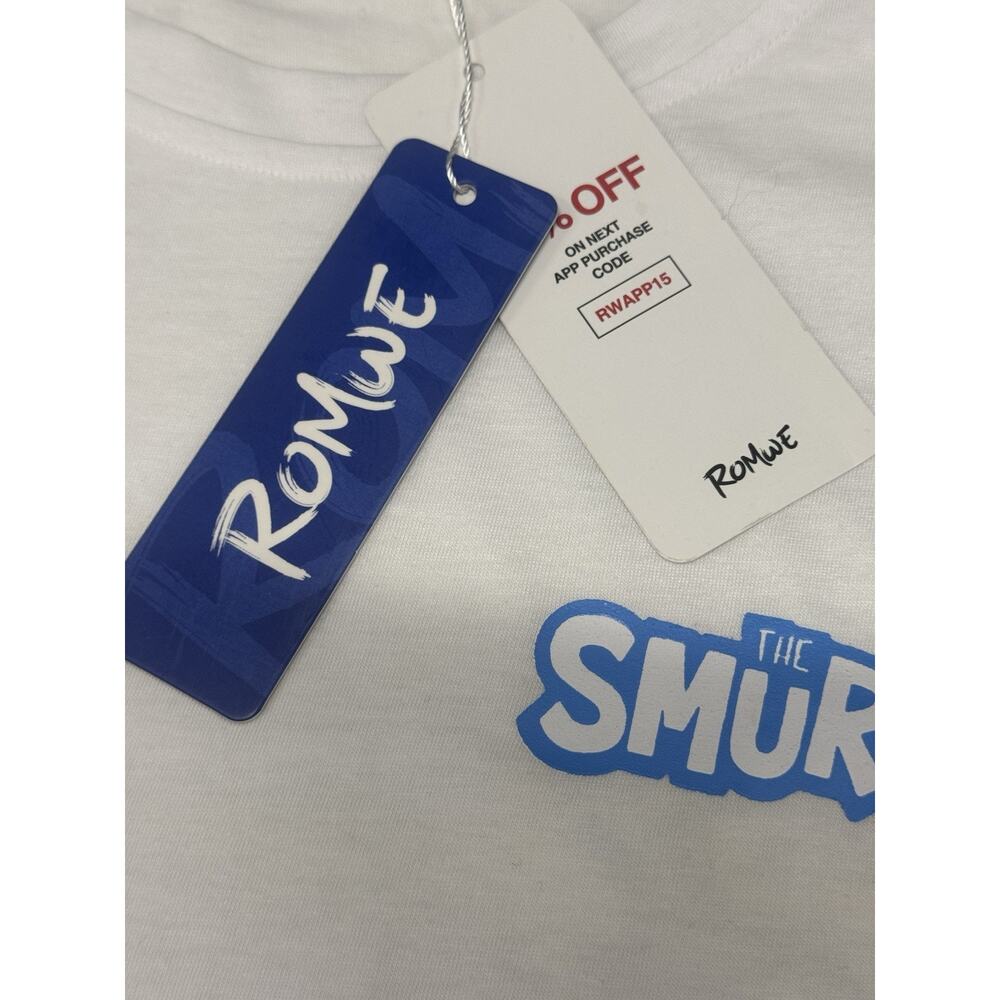 NWT SMURFS X Romwe L White Short Sleeve Peyo T-Shirt Casual Retro Cartoon 80's - Picture 3 of 9